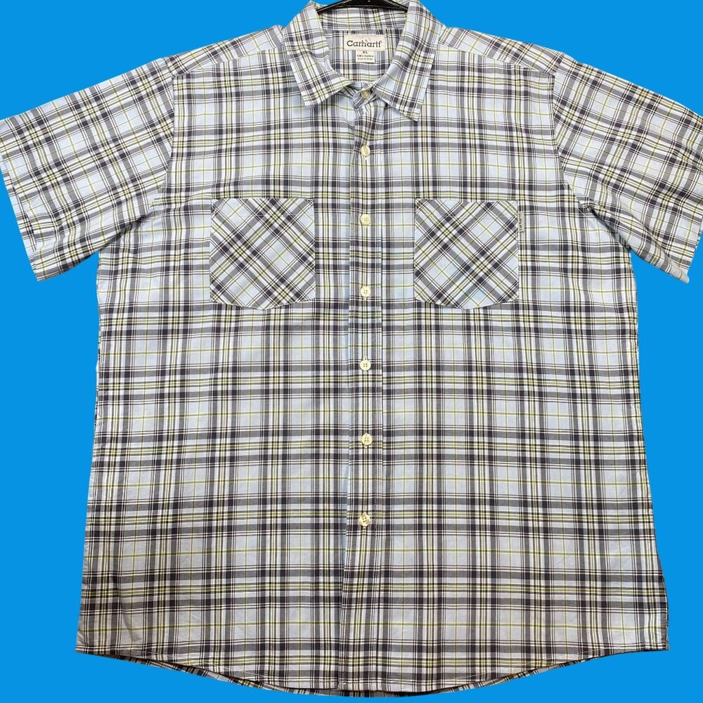 Carhartt Mens Plaid Short Sleeve Button-Up Shirt Size XL Cotton Blue & Green